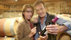  Presentation with cellar - Slide set consisting of cheerful couple of winegrowers in wine cellar background and a red colored foreground