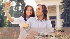  Presentation with old couple - Amazing presentation theme having cheerful couple on scooter making selfie photo on smartphone in old european town backdrop and a coral colored foreground