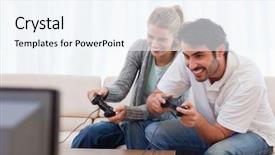  Presentation with video games playing - Amazing slides having cheerful couple playing video games backdrop and a sky blue colored foreground