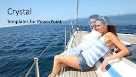  Presentation with navigating - Beautiful theme featuring cheerful couple relaxing on sailboat while navigating backdrop and a light blue colored foreground