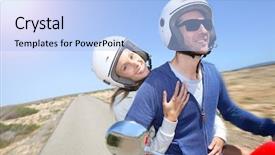  Presentation with moto - Slide set enhanced with cheerful couple riding red moto on island background and a light blue colored foreground