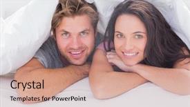  Presentation with bed - Slides having cheerful couple under the duvet in their bed background and a coral colored foreground