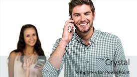  Presentation with smartphones - Slide set consisting of cheerful couple using smartphones on white background background and a light gray colored foreground