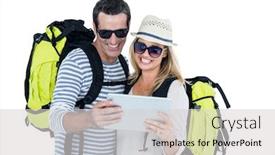  Presentation with luggage - Slide deck featuring cheerful couple with luggage looking in digital tablet against white background background and a light gray colored foreground
