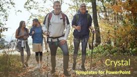  Presentation with couples hiking - Amazing PPT theme having cheerful-couples-hiking-through backdrop and a tawny brown colored foreground