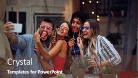  Presentation with party time - Slide deck featuring cheerful-couples-posing background and a tawny brown colored foreground