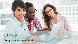  Presentation with coworkers - PPT theme with cheerful coworkers speaking and using laptop in the office background and a sky blue colored foreground