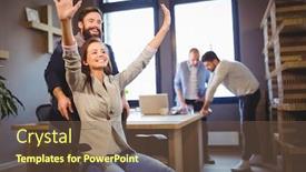  Presentation with coworkers - Presentation theme having cheerful creative coworkers enjoying in office background and a tawny brown colored foreground