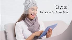  Presentation with scrolling - Amazing PPT theme having cheerful cute brunette with winter hat on scrolling on her tablet sitting on cosy sofa backdrop and a white colored foreground