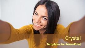  Presentation with selfie - Presentation theme with cheerful cute woman making selfie photo over gray background looking at camera background and a tawny brown colored foreground