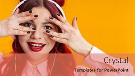  Presentation with colorful music - Cool new slide deck with cheerful-cute-young-girl backdrop and a coral colored foreground