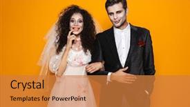  Presentation with bride - PPT theme with cheerful dead bride and groom background and a gold colored foreground