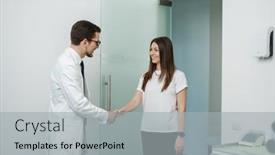  Presentation with dental office - PPT layouts having cheerful-dentist-welcomes-his-patient background and a light gray colored foreground