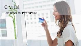  Presentation with purchasing - Audience pleasing presentation theme consisting of cheerful designer purchasing online with her credit card backdrop and a sky blue colored foreground