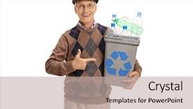  Presentation with plastic recycling - Theme featuring cheerful elderly man holding a recycling bin full of plastic bottles and pointing isolated on white background background and a mint green colored foreground