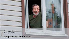  Presentation with house window - Slide set with cheerful-elderly-man-looks-out background and a light gray colored foreground
