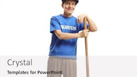  Presentation with elderly ladies beauty shop - Slide set with cheerful-elderly-man-volunteering background and a light gray colored foreground