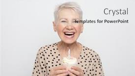  Presentation with happy birthday - PPT theme with cheerful-elderly-woman-with-short background and a white colored foreground