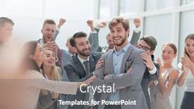  Presentation with promotion - Audience pleasing PPT theme consisting of cheerful-employees-congratulating-a-colleague backdrop and a gray colored foreground