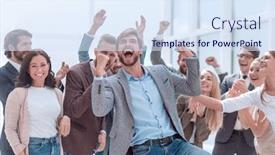  Presentation with employees - Amazing presentation theme having cheerful-employees-congratulating-a-colleague backdrop and a sky blue colored foreground