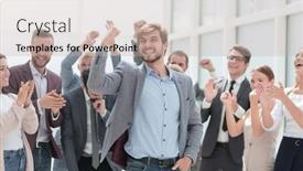  Presentation with employees - Audience pleasing presentation consisting of cheerful-employees-congratulating-a-colleague backdrop and a soft green colored foreground