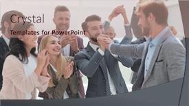  Presentation with promotion - Presentation theme with cheerful-employees-congratulating-a-colleague background and a coral colored foreground