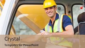  Presentation with excavator - Presentation theme enhanced with cheerful excavator operator on construction background and a coral colored foreground