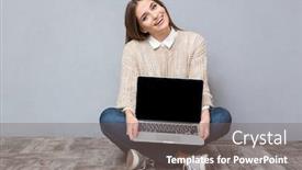  Presentation with laptop blank screen - Amazing slide set having cheerful excited joyful pretty young woman in beige sweater jeans and sneackers sitting on wooden floor and holding blank laptop screen backdrop and a gray colored foreground