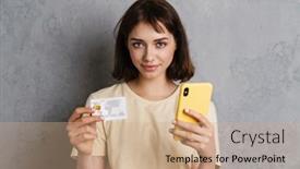  Presentation with credit card - Audience pleasing slide set consisting of cheerful-excited-young-woman backdrop and a coral colored foreground