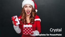  Presentation with santa - Slides consisting of cheerful excited young woman in santa claus costume opening gift box over black background background and a black colored foreground