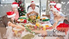  Presentation with dining - Cool new presentation with cheerful family at dining table for christmas dinner against snow falling backdrop and a coral colored foreground