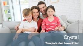  Presentation with cheerful - Cool new slide deck with cheerful family at home sitting backdrop and a ocean colored foreground
