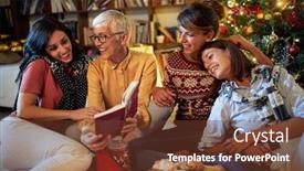 Presentation with family tree - Slide set enhanced with cheerful family for christmas in front of a decorated x-mas tree smiling mather and her daughter together at holiday background and a tawny brown colored foreground