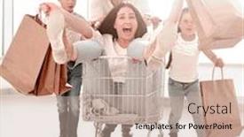  Presentation with family shopping - PPT layouts enhanced with cheerful family goes shopping in a hypermarket background and a mint green colored foreground