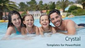  Presentation with pool restaurant family - Presentation enhanced with cheerful family in hotel swimming background and a sky blue colored foreground