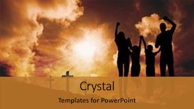  Presentation with cheerful - PPT layouts enhanced with cheerful family jumping against cross background and a gold colored foreground