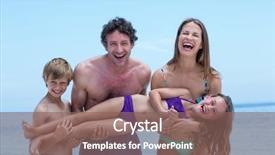  Presentation with sea shore - Cool new slide set with cheerful family lifting girl while standing at sea shore against clear blue sky backdrop and a violet colored foreground