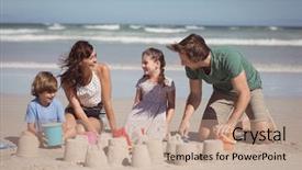  Presentation with footprints and sand sun - Presentation featuring cheerful family making sand castle background and a coral colored foreground