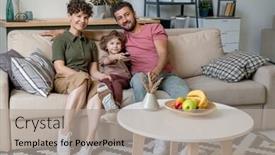  Presentation with living room family - PPT theme with cheerful-family-of-three background and a light gray colored foreground