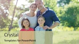  Presentation with family day - PPT theme consisting of cheerful family walking in park on sunny day background and a soft green colored foreground