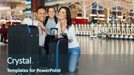  Presentation with luggage - Beautiful PPT theme featuring cheerful family with luggage bags backdrop and a ocean colored foreground