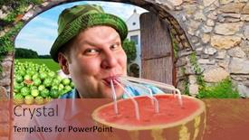  Presentation with juice - Beautiful slide deck featuring cheerful-farmer-drinking-watermelon-juice backdrop and a coral colored foreground