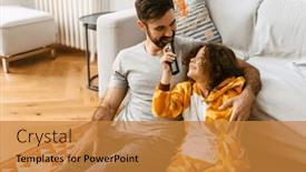  Presentation with living room - Presentation theme having cheerful-father-and-son-watching background and a gold colored foreground