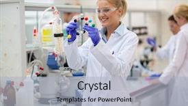  Presentation with molecular - Presentation design featuring cheerful female chemist hold molecular background and a light blue colored foreground
