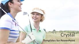  Presentation with golf course - Amazing presentation having cheerful female friends at golf backdrop and a soft green colored foreground