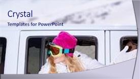  Presentation with luxury car - Slide deck consisting of cheerful female looks out from the car window and waved hand to next auto wearing goggles going to luxury ski resort enjoying winter holidays background and a sky blue colored foreground