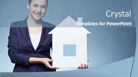  Presentation with realtor - Beautiful presentation theme featuring cheerful female realtor showing paper house backdrop and a teal colored foreground
