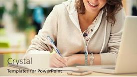  Presentation with cafeteria - Presentation consisting of students using pen writing information - cheerful female student doing homework background and a lemonade colored foreground