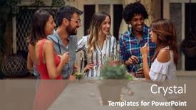  Presentation with summer party - Theme having cheerful-friends-enjoying-a-talk background and a gray colored foreground