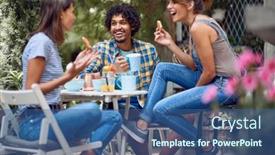  Presentation with snack - PPT theme consisting of cheerful-friends-enjoying-snack background and a ocean colored foreground